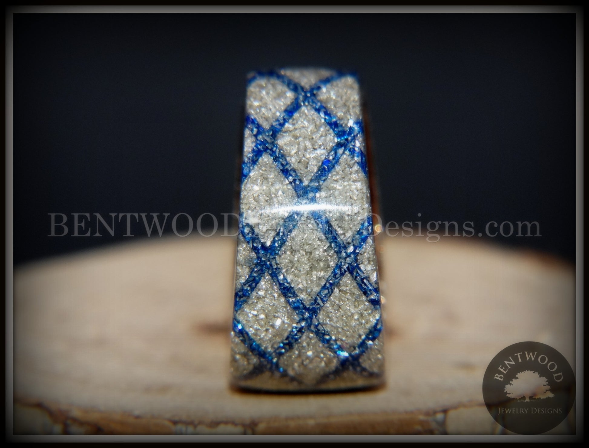 Bentwood Ring - "The Blue Diamond Waffle Wedge" Ebony Wood German Silver and Blue Glass Inlay handcrafted bentwood wooden rings wood wedding ring engagement