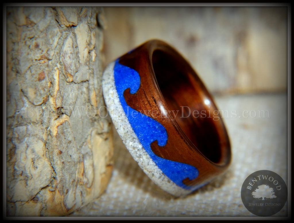 Bentwood Ring -  "Beach Waves" Koa, Blue Lapis & Beach Sand handcrafted bentwood wooden rings wood wedding ring engagement