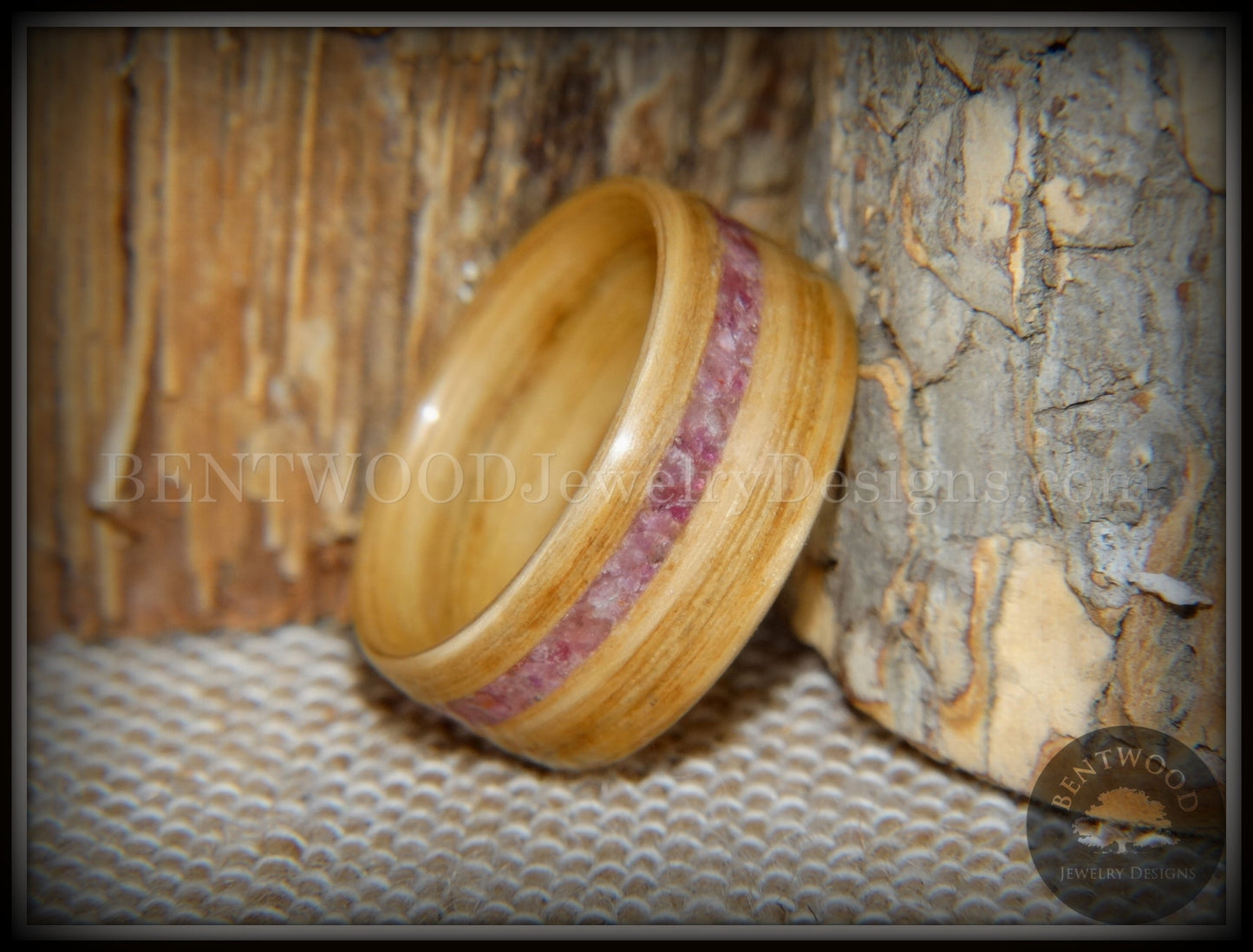 Bentwood Ring - "Ruby Rose" North American White Oak Ruby Inlay handcrafted bentwood wooden rings wood wedding ring engagement