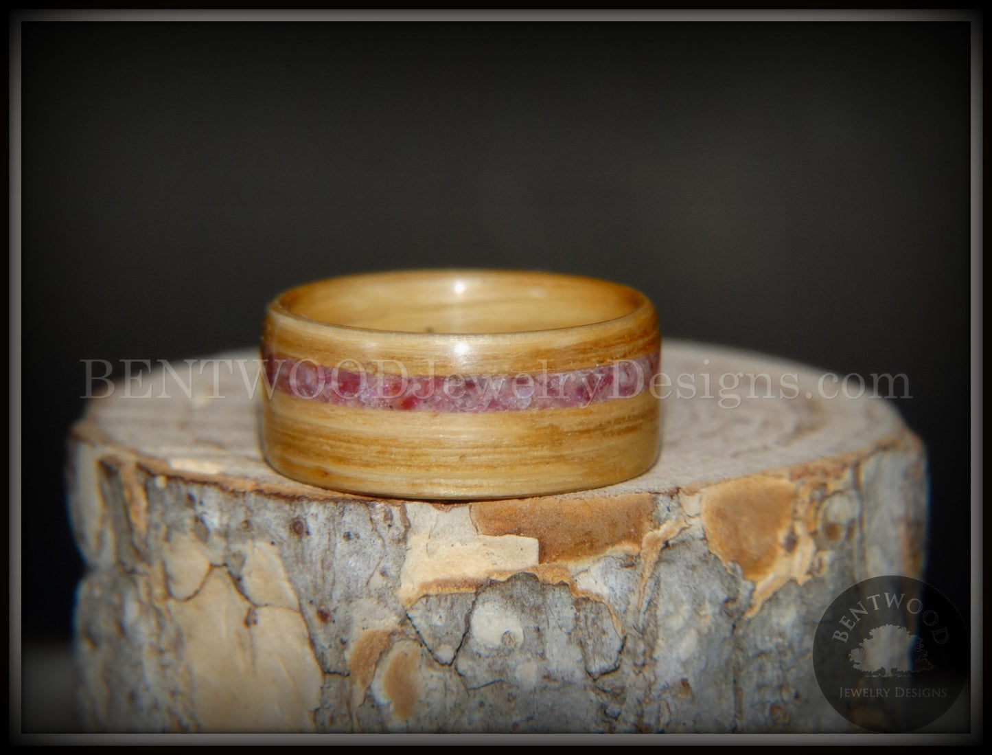 Bentwood Ring - "Ruby Rose" North American White Oak Ruby Inlay handcrafted bentwood wooden rings wood wedding ring engagement