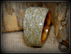 Bentwood Ring - "The Gold Diamond Waffle Wedge" Bethlehem Olivewood and German silver and gold glass inlay handcrafted bentwood wooden rings wood wedding ring engagement