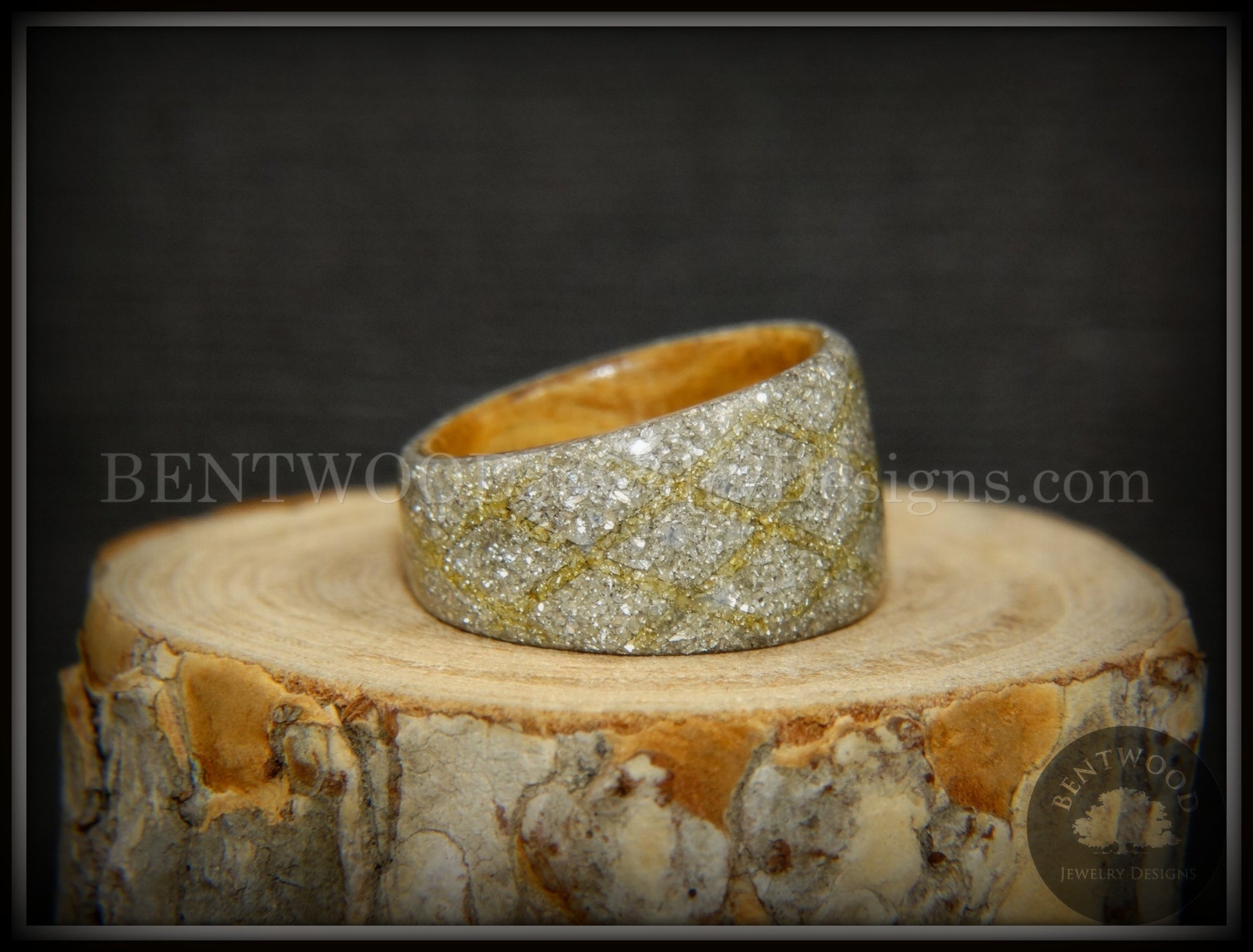 Bentwood Ring - "The Gold Diamond Waffle Wedge" Bethlehem Olivewood and German silver and gold glass inlay handcrafted bentwood wooden rings wood wedding ring engagement