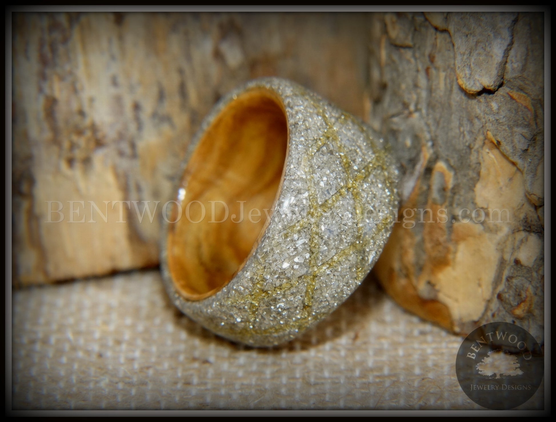 Bentwood Ring - "The Gold Diamond Waffle Wedge" Bethlehem Olivewood and German silver and gold glass inlay handcrafted bentwood wooden rings wood wedding ring engagement