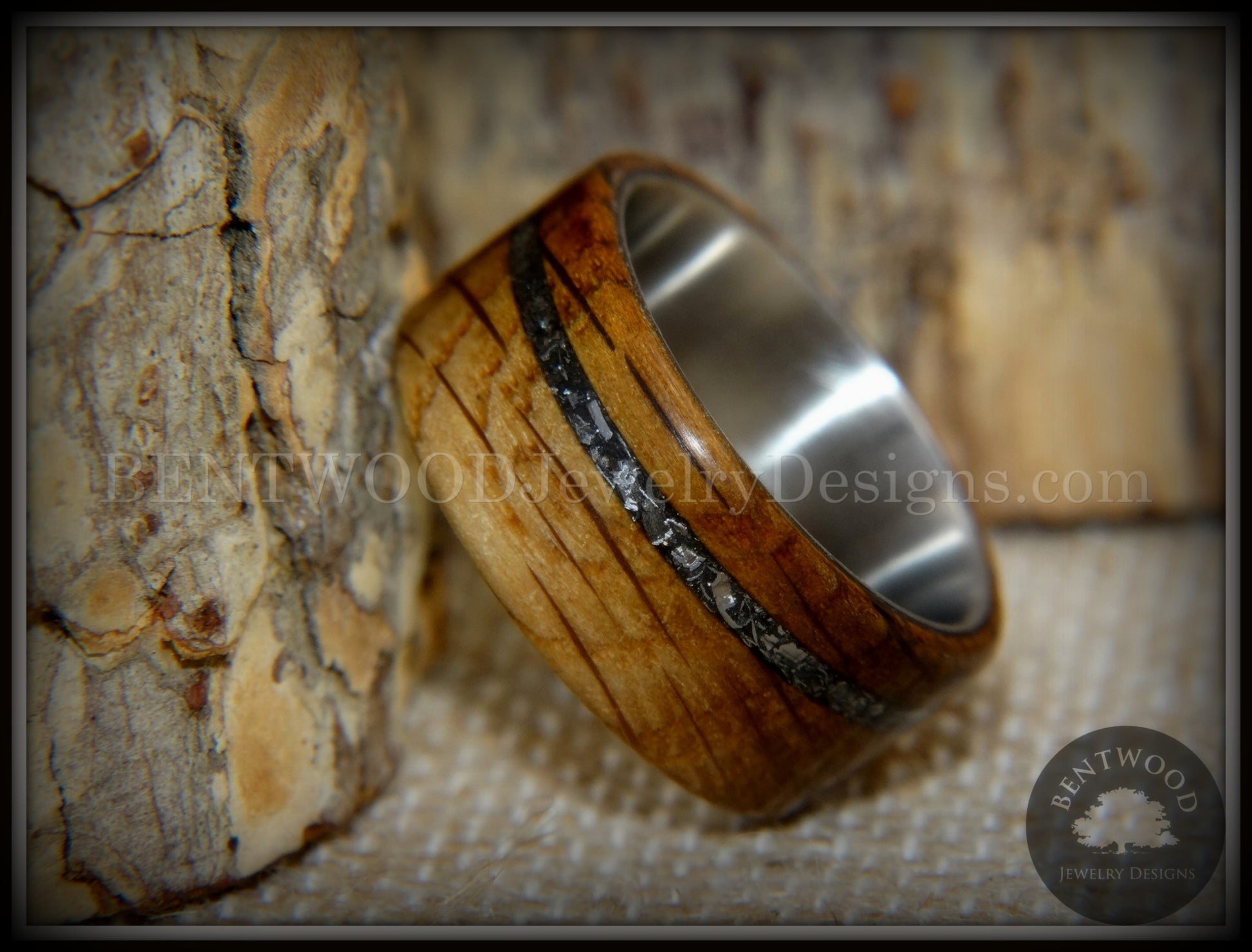 Bentwood Ring - "The Namibia Blend" charred whiskey barrel oak, Gibeon meteorite inlay on titanium core handcrafted bentwood wooden rings wood wedding ring engagement