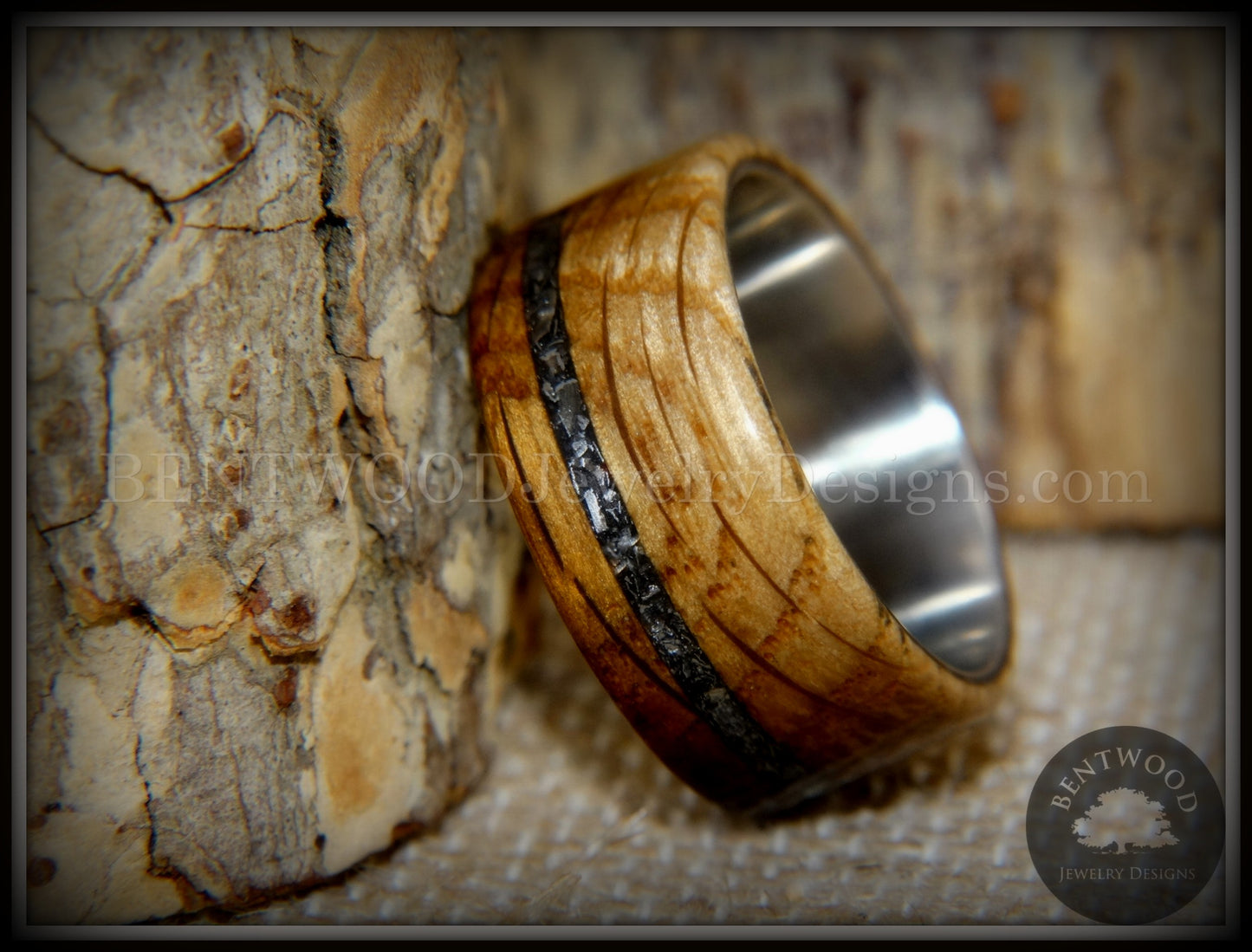 Bentwood Ring - "The Namibia Blend" charred whiskey barrel oak, Gibeon meteorite inlay on titanium core handcrafted bentwood wooden rings wood wedding ring engagement
