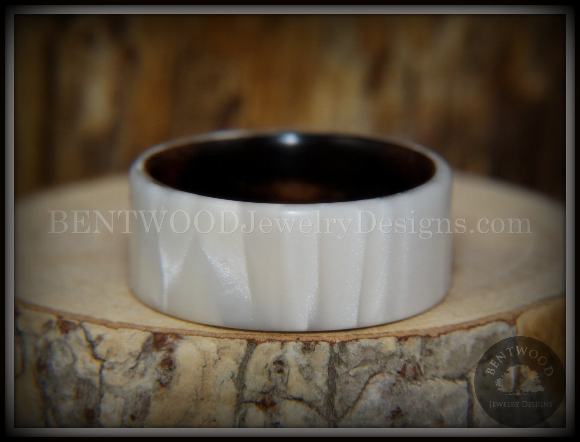Bentwood Ring - "Iridescent" Mother of Pearl Kirinite Full Inlay on Ebony Wood Core handcrafted bentwood wooden rings wood wedding ring engagement