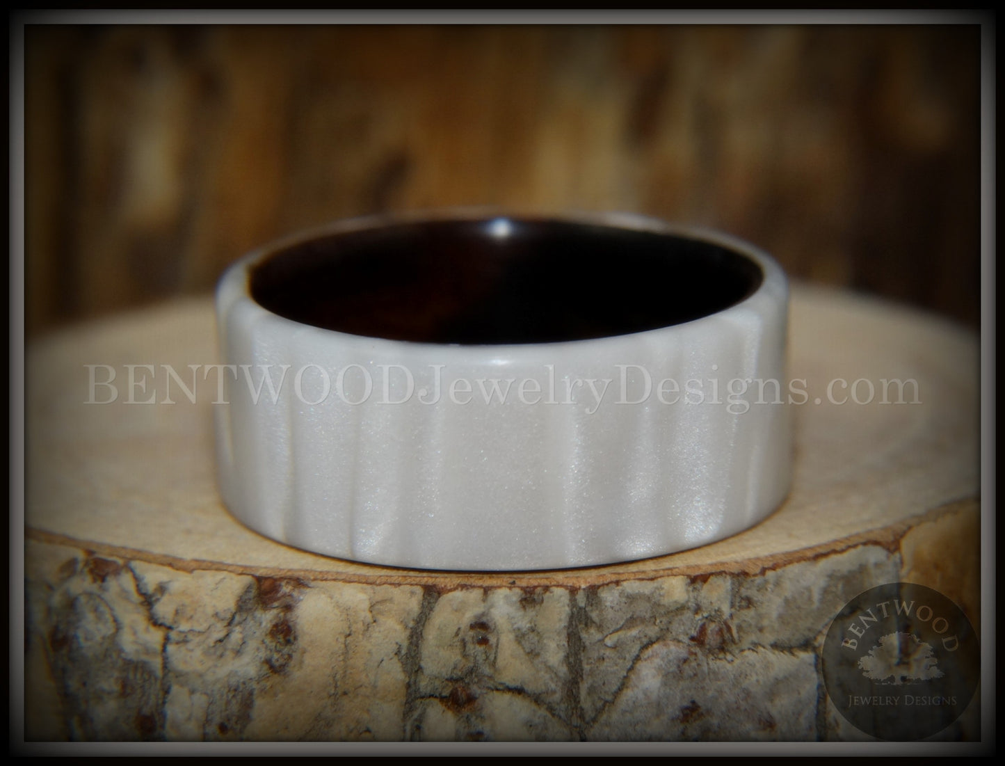 Bentwood Ring - "Iridescent" Mother of Pearl Kirinite Full Inlay on Ebony Wood Core handcrafted bentwood wooden rings wood wedding ring engagement