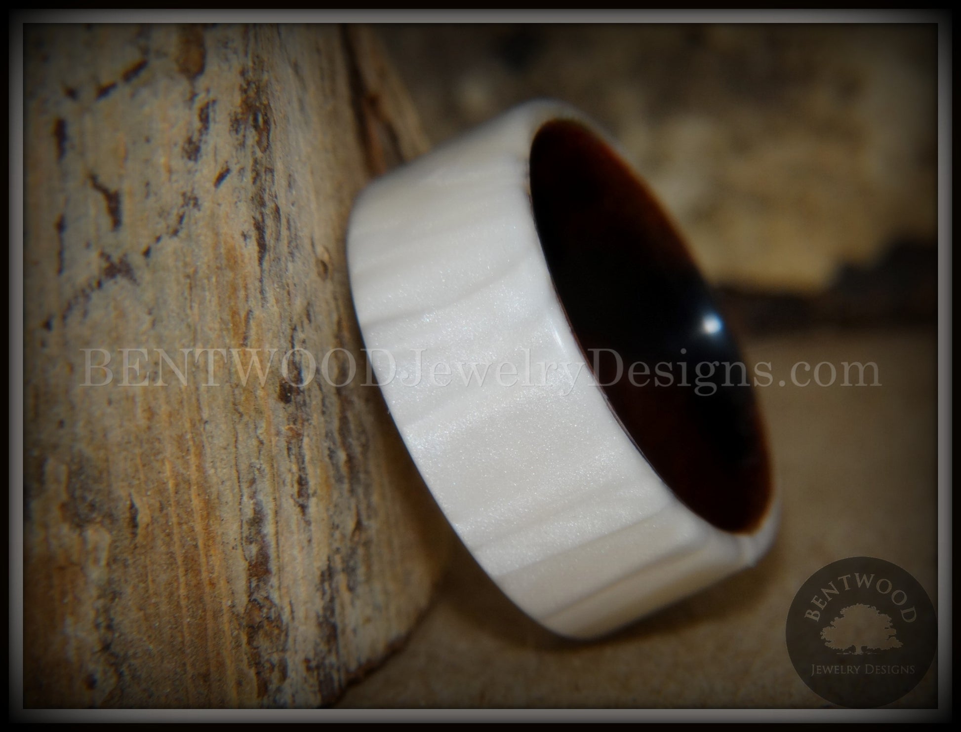 Bentwood Ring - "Iridescent" Mother of Pearl Kirinite Full Inlay on Ebony Wood Core handcrafted bentwood wooden rings wood wedding ring engagement