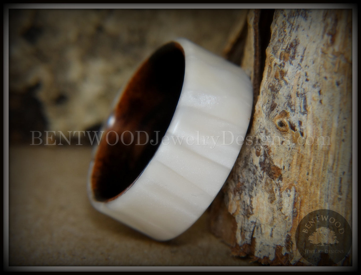 Bentwood Ring - "Iridescent" Mother of Pearl Kirinite Full Inlay on Ebony Wood Core handcrafted bentwood wooden rings wood wedding ring engagement
