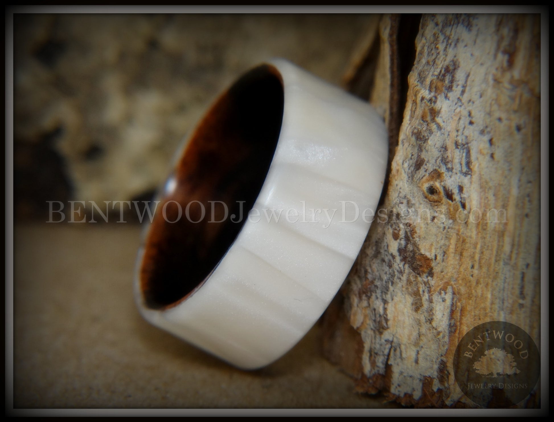 Bentwood Ring - "Iridescent" Mother of Pearl Kirinite Full Inlay on Ebony Wood Core handcrafted bentwood wooden rings wood wedding ring engagement