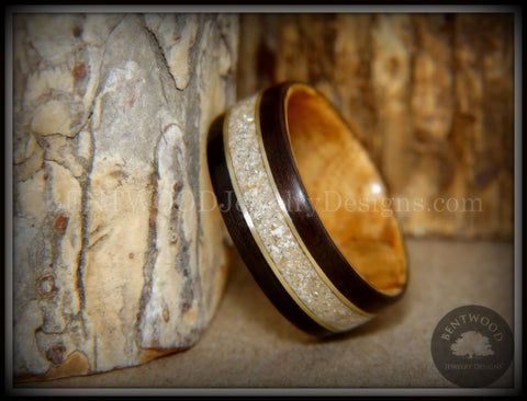Bentwood Ring - "Tracks Memorial" Dark Ebony/Olivewood Ring with Gold Wires and Cremation Ashes with Glass Inlay