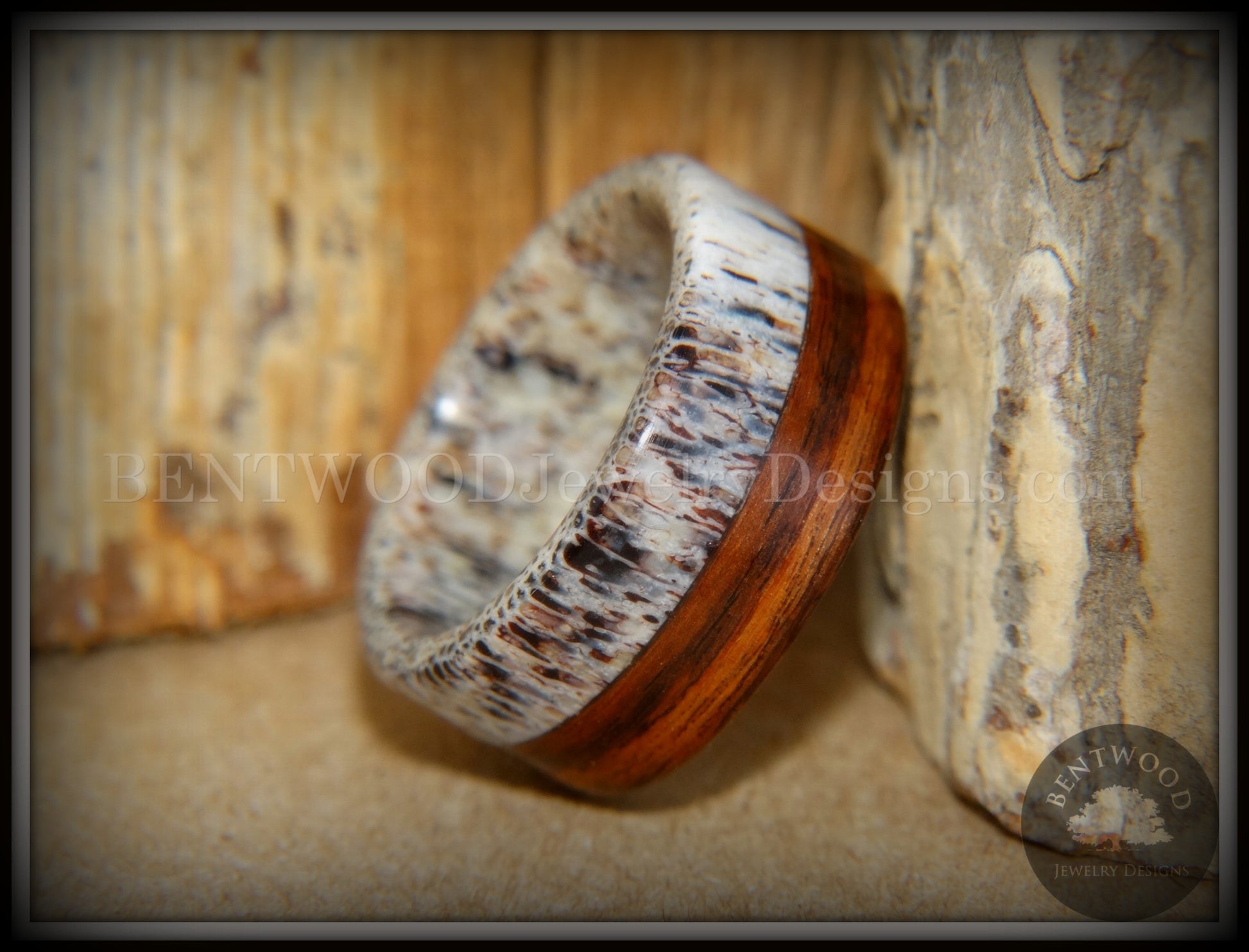 Bentwood Ring - "The Pursuit" Antler and Rosewood Inlay handcrafted bentwood wooden rings wood wedding ring engagement