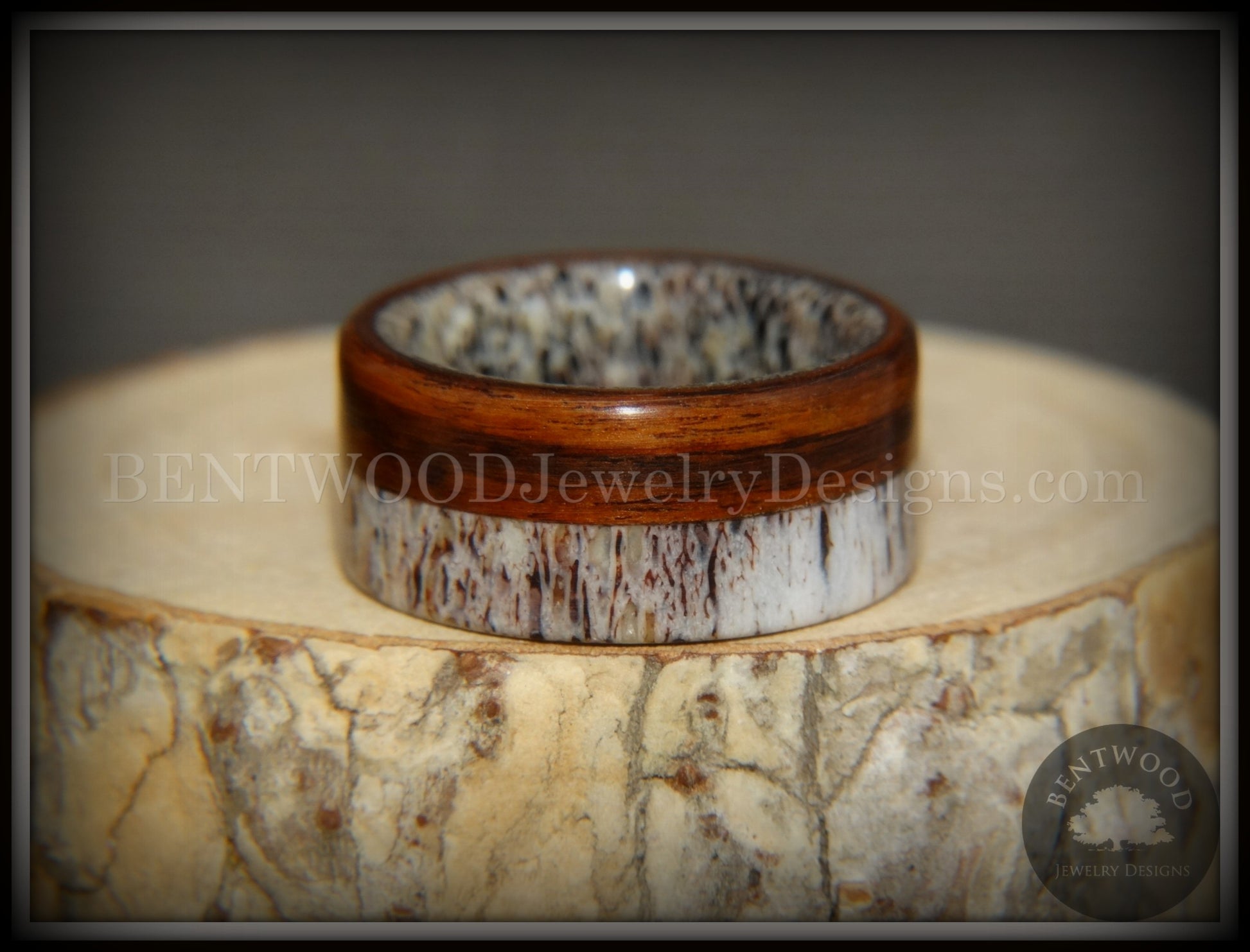 Bentwood Ring - "The Pursuit" Antler and Rosewood Inlay handcrafted bentwood wooden rings wood wedding ring engagement