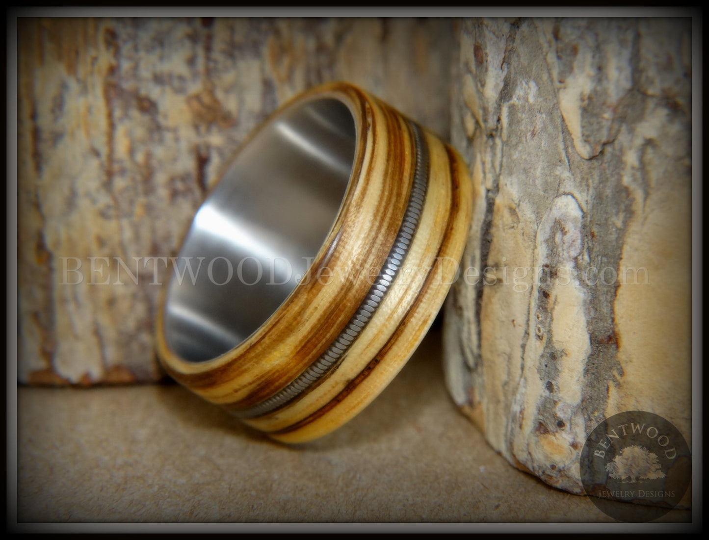 Bentwood Ring - "Striped Rocker" Zebrawood Ring with Silver Electric Guitar String Inlay on Comfort Fit Titanium Steel Core handcrafted bentwood wooden rings wood wedding ring engagement