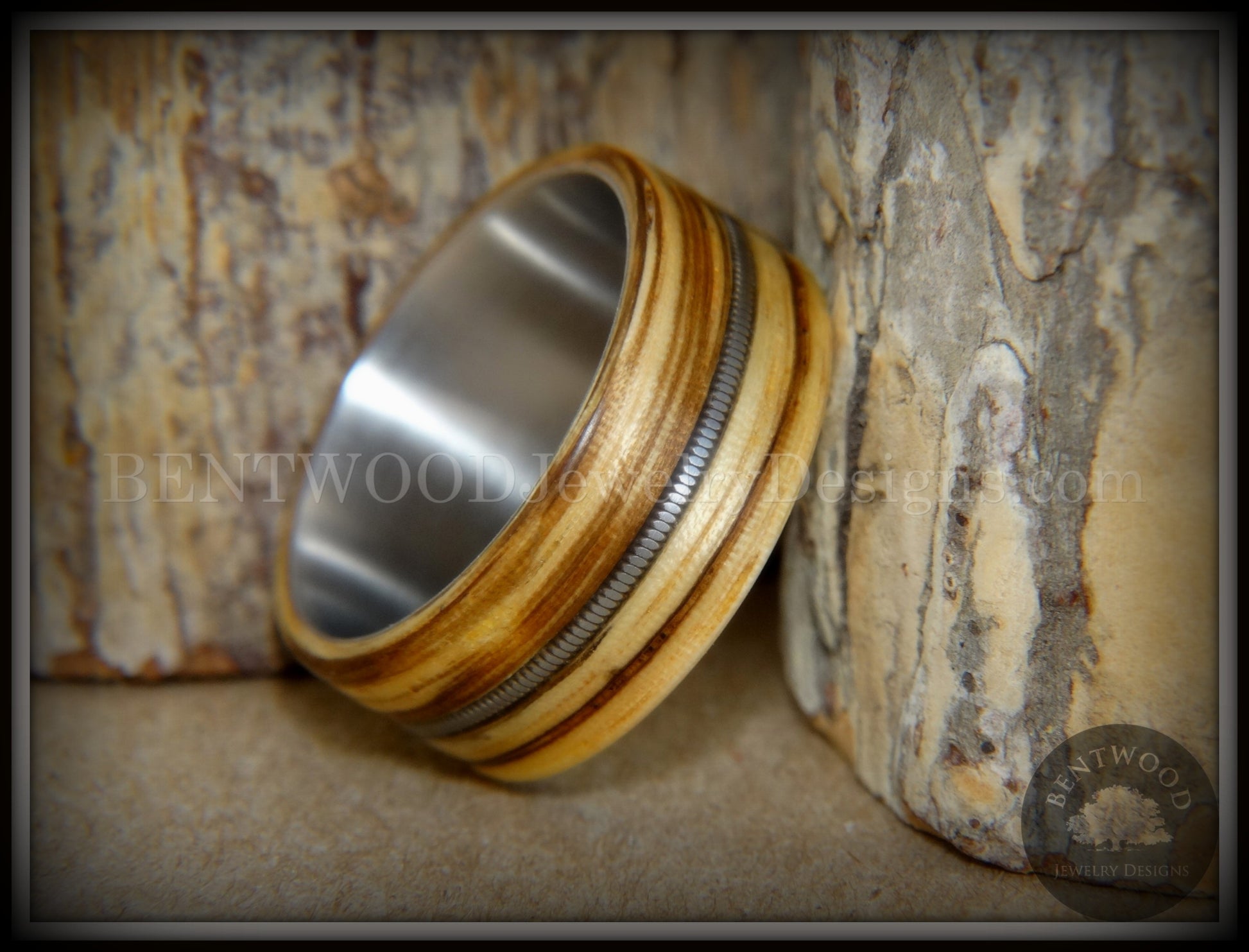 Bentwood Ring - "Striped Rocker" Zebrawood Ring with Silver Electric Guitar String Inlay on Comfort Fit Titanium Steel Core handcrafted bentwood wooden rings wood wedding ring engagement