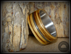 Bentwood Ring - "Striped Rocker" Zebrawood Ring with Silver Electric Guitar String Inlay on Comfort Fit Titanium Steel Core handcrafted bentwood wooden rings wood wedding ring engagement