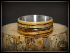 Bentwood Ring - "Striped Rocker" Zebrawood Ring with Silver Electric Guitar String Inlay on Comfort Fit Titanium Steel Core handcrafted bentwood wooden rings wood wedding ring engagement