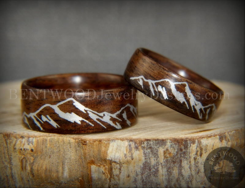 Bentwood Rings Set - "Silver Mountains" Rosewood Rings with Silver Mountainscape Inlay Engraving handcrafted bentwood wooden rings wood wedding ring engagement