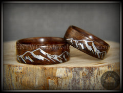 Bentwood Rings Set - "Silver Mountains" Rosewood Rings with Silver Mountainscape Inlay Engraving handcrafted bentwood wooden rings wood wedding ring engagement