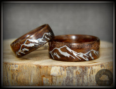 Bentwood Rings Set - "Silver Mountains" Rosewood Rings with Silver Mountainscape Inlay Engraving handcrafted bentwood wooden rings wood wedding ring engagement