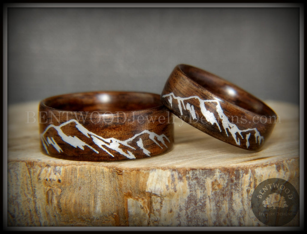Bentwood Rings Set - "Silver Mountains" Rosewood Rings with Silver Mountainscape Inlay Engraving handcrafted bentwood wooden rings wood wedding ring engagement