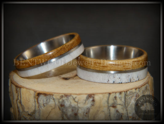 Bentwood Rings - "The Great Outdoors Couple" Set Antler, Whiskey Barrel Oak, Titanium Inlay and Core handcrafted bentwood wooden rings wood wedding ring engagement