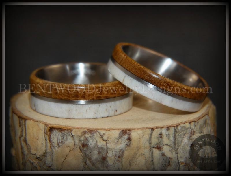 Bentwood Rings - "The Great Outdoors Couple" Set Antler, Whiskey Barrel Oak, Titanium Inlay and Core handcrafted bentwood wooden rings wood wedding ring engagement