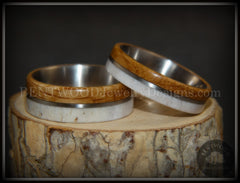 Bentwood Rings - "The Great Outdoors Couple" Set Antler, Whiskey Barrel Oak, Titanium Inlay and Core handcrafted bentwood wooden rings wood wedding ring engagement