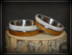 Bentwood Rings - "The Great Outdoors Couple" Set Antler, Whiskey Barrel Oak, Titanium Inlay and Core handcrafted bentwood wooden rings wood wedding ring engagement