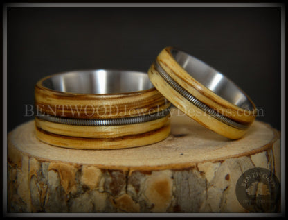 Bentwood Rings Set - "Striped Rock & Roll Couple" Zebrawood with Matching Silver Electric Guitar String Inlays on Titanium Steel Core handcrafted bentwood wooden rings wood wedding ring engagement