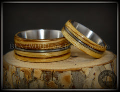 Bentwood Rings Set - "Striped Rock & Roll Couple" Zebrawood with Matching Silver Electric Guitar String Inlays on Titanium Steel Core handcrafted bentwood wooden rings wood wedding ring engagement