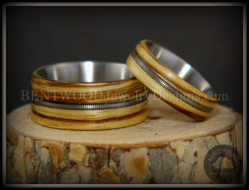 Bentwood Rings Set - "Striped Rock & Roll Couple" Zebrawood with Matching Silver Electric Guitar String Inlays on Titanium Steel Core handcrafted bentwood wooden rings wood wedding ring engagement
