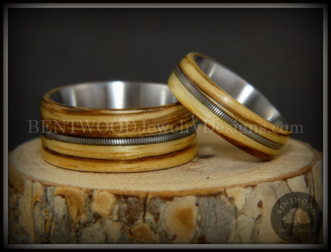 Bentwood Rings Set - "Striped Rock & Roll Couple" Zebrawood with Matching Silver Electric Guitar String Inlays on Titanium Steel Core