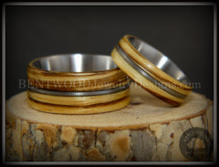 Bentwood Rings Set - "Striped Rock & Roll Couple" Zebrawood with Matching Silver Electric Guitar String Inlays on Titanium Steel Core handcrafted bentwood wooden rings wood wedding ring engagement