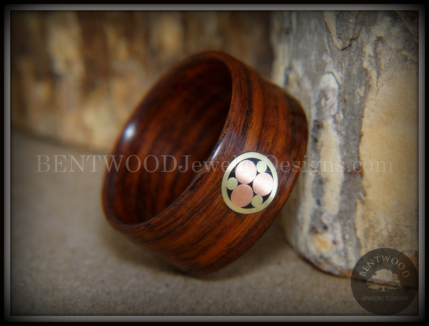 Bentwood Ring - "Metal Mosaic" Kingwood Ring with Copper/Brass Pattern Inlay handcrafted bentwood wooden rings wood wedding ring engagement