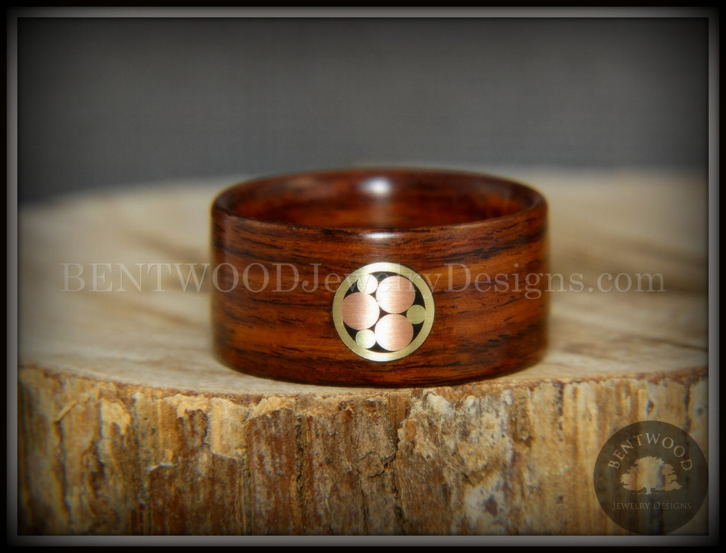 Bentwood Ring - "Metal Mosaic" Kingwood Ring with Copper/Brass Pattern Inlay handcrafted bentwood wooden rings wood wedding ring engagement