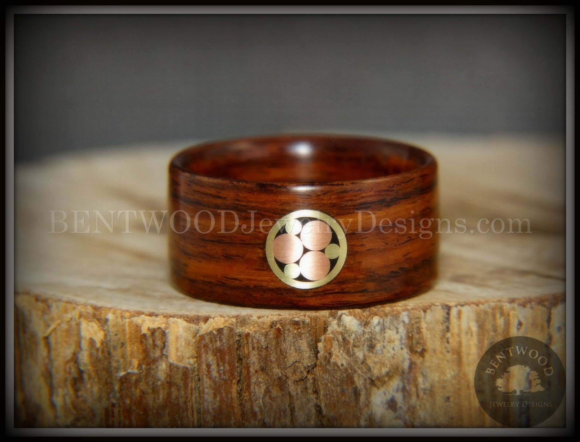Bentwood Ring - "Metal Mosaic" Kingwood Ring with Copper/Brass Pattern Inlay handcrafted bentwood wooden rings wood wedding ring engagement