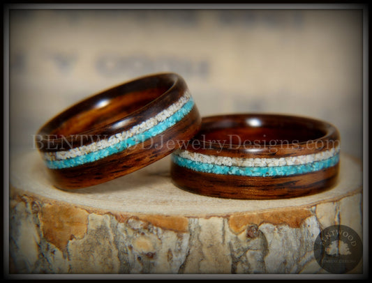 Bentwood Rings Set - Rosewood Wood Ring with Sleeping Beauty Turquoise and Beach Sand Inlay handcrafted bentwood wooden rings wood wedding ring engagement