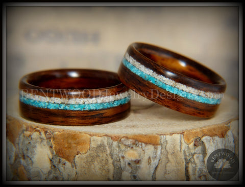 Bentwood Rings Set - Rosewood Wood Ring with Sleeping Beauty Turquoise and Beach Sand Inlay
