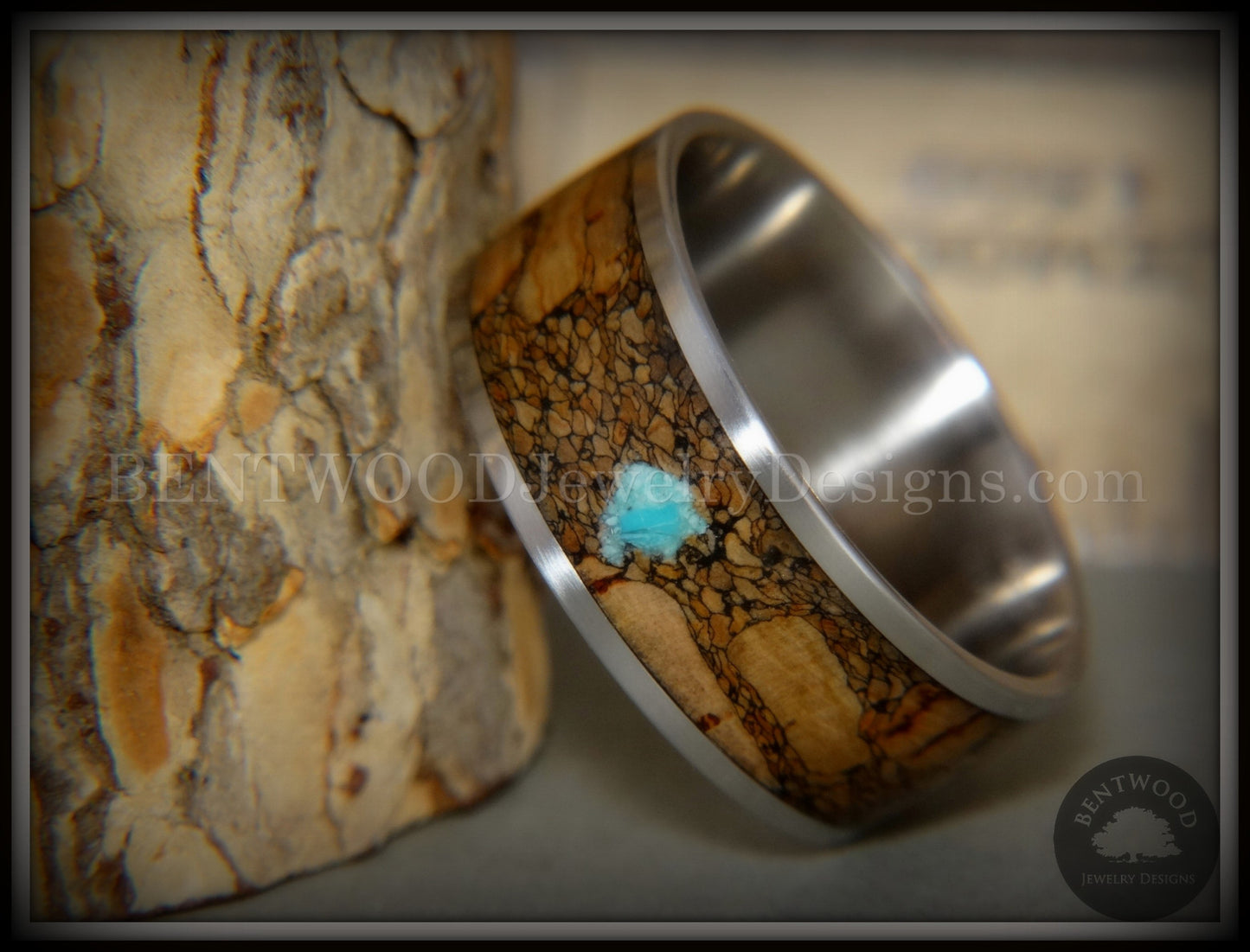 Bentwood Ring - "Figured Brown Turquoise" Rare Mediterranean Oak Burl Wood Ring on Surgical Grade Stainless Steel Comfort Fit Core handcrafted bentwood wooden rings wood wedding ring engagement