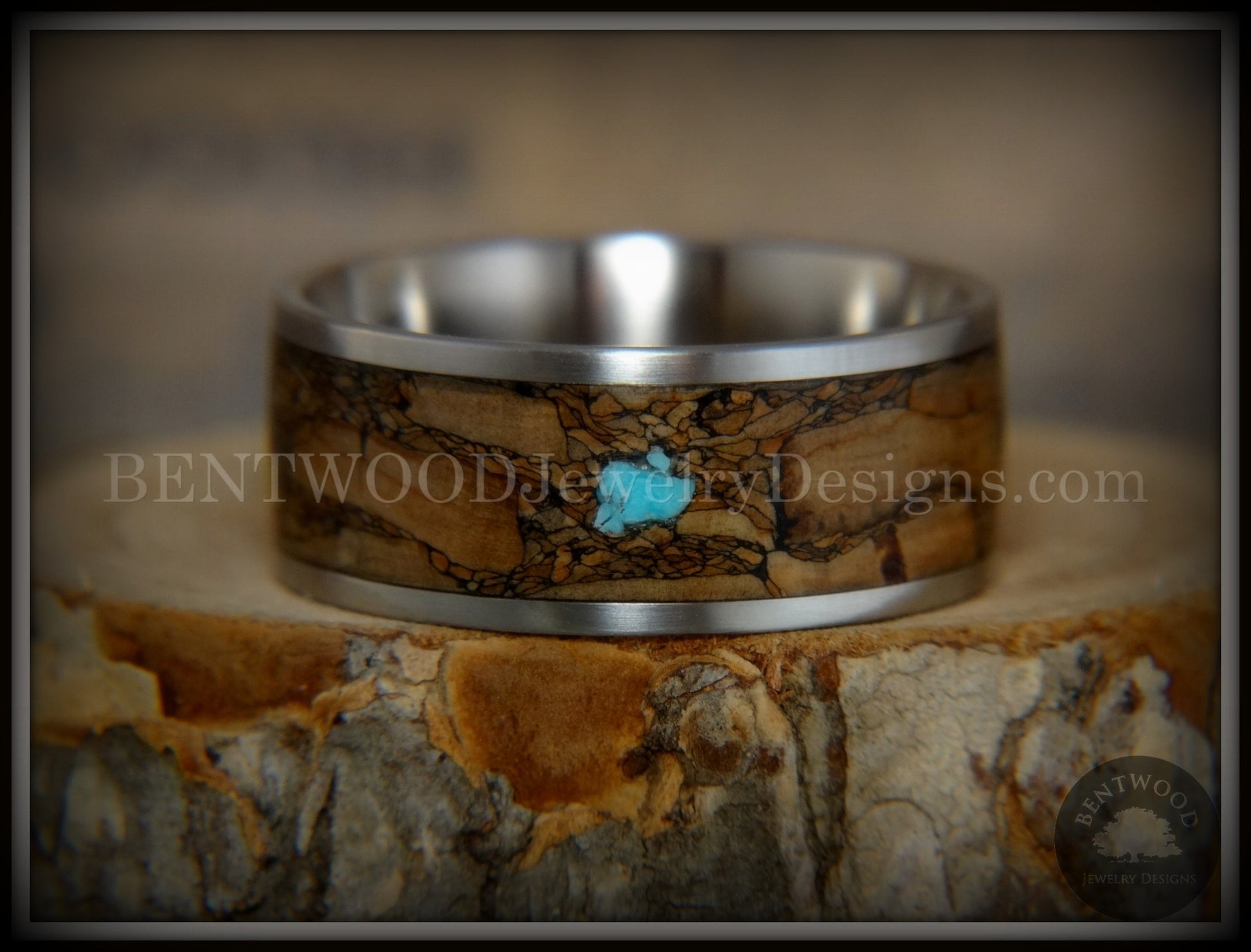 Bentwood Ring - "Figured Brown Turquoise" Rare Mediterranean Oak Burl Wood Ring on Surgical Grade Stainless Steel Comfort Fit Core handcrafted bentwood wooden rings wood wedding ring engagement