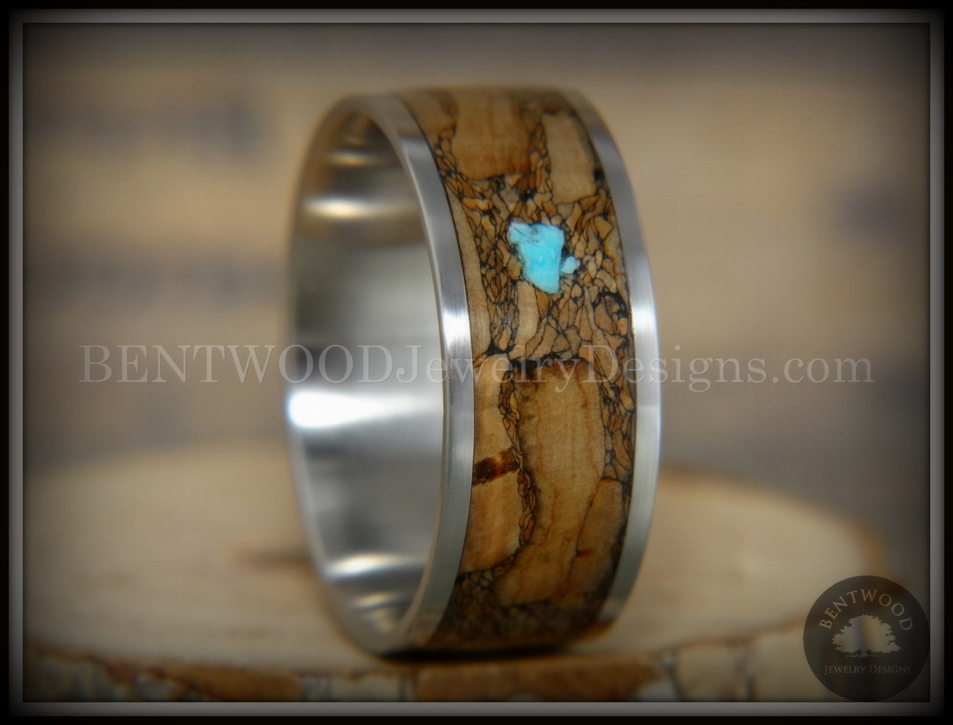 Bentwood Ring - "Figured Brown Turquoise" Rare Mediterranean Oak Burl Wood Ring on Surgical Grade Stainless Steel Comfort Fit Core handcrafted bentwood wooden rings wood wedding ring engagement