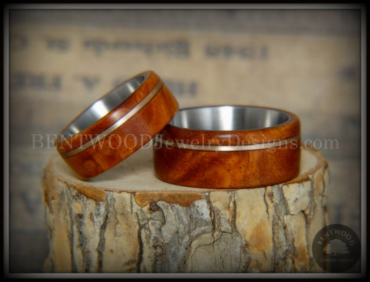 Bentwood Rings Set - Amboyna Burl Wood Ring Set with Bronze Guitar String Inlays SS Core handcrafted bentwood wooden rings wood wedding ring engagement