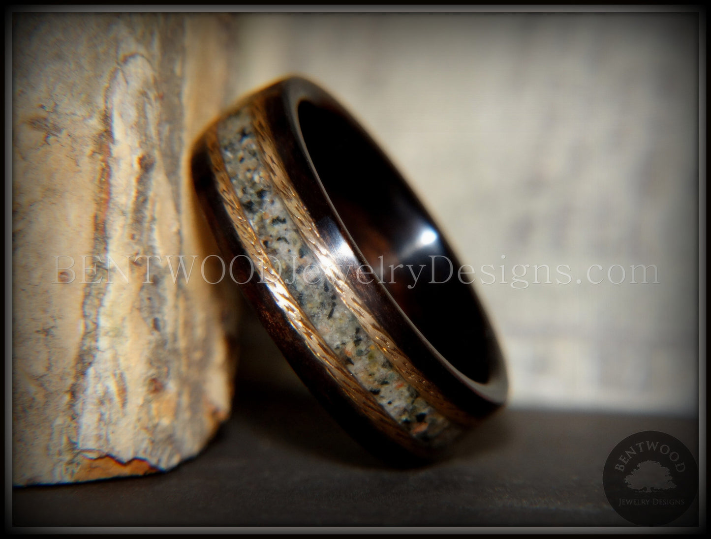 Bentwood Ring - "Tracks" Macassar Ebony Wood Ring Braided Gold and Canadian Beach Sand Inlay handcrafted bentwood wooden rings wood wedding ring engagement