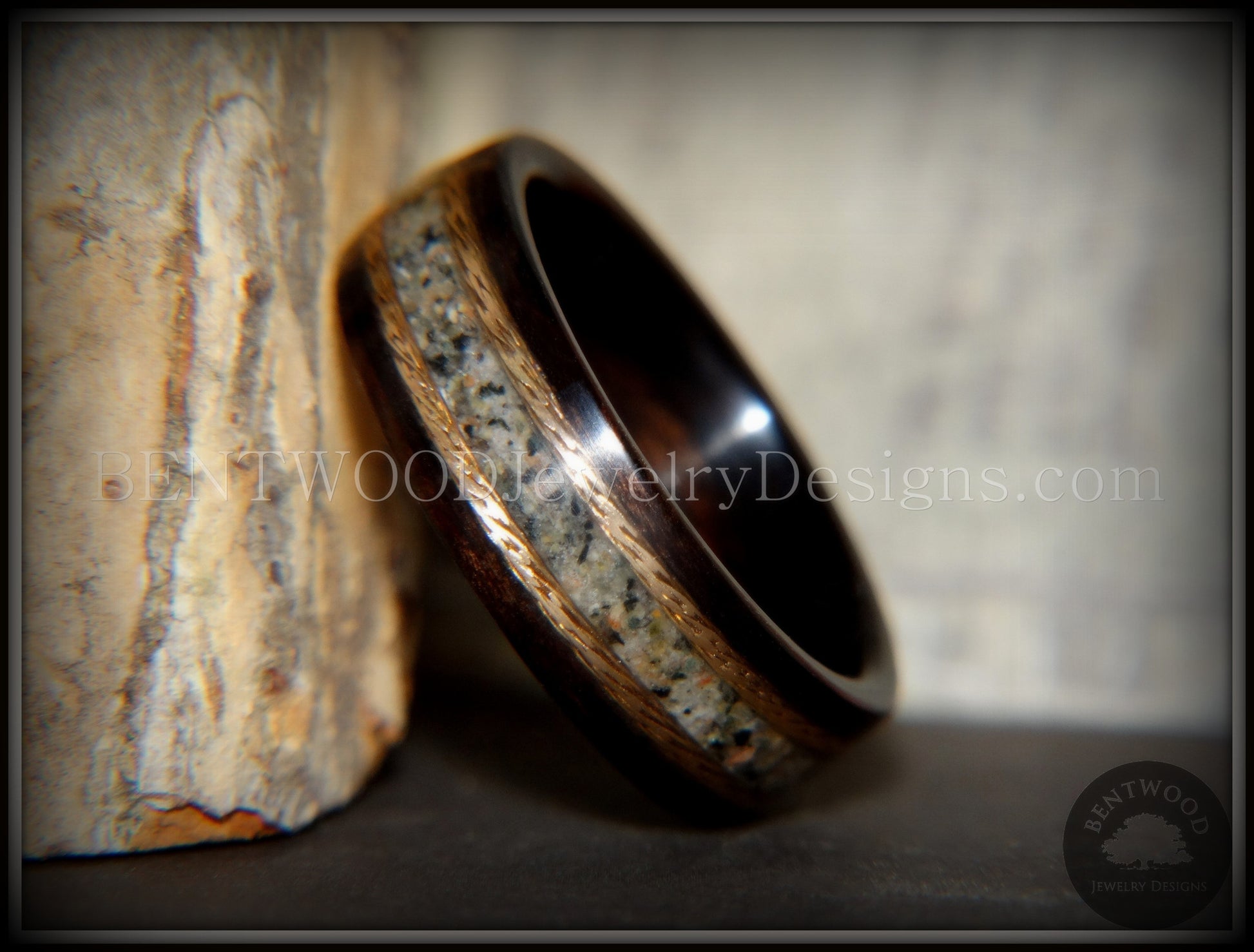 Bentwood Ring - "Tracks" Macassar Ebony Wood Ring Braided Gold and Canadian Beach Sand Inlay handcrafted bentwood wooden rings wood wedding ring engagement
