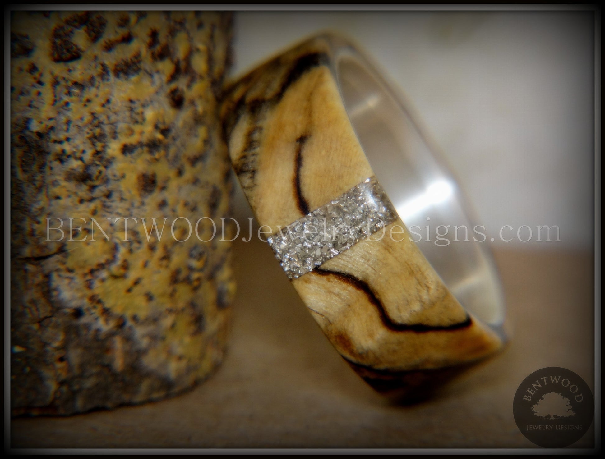 Bentwood Ring - Spalted Maple Ring on Fine Silver Core and Transverse Silver Glass Inlay handcrafted bentwood wooden rings wood wedding ring engagement
