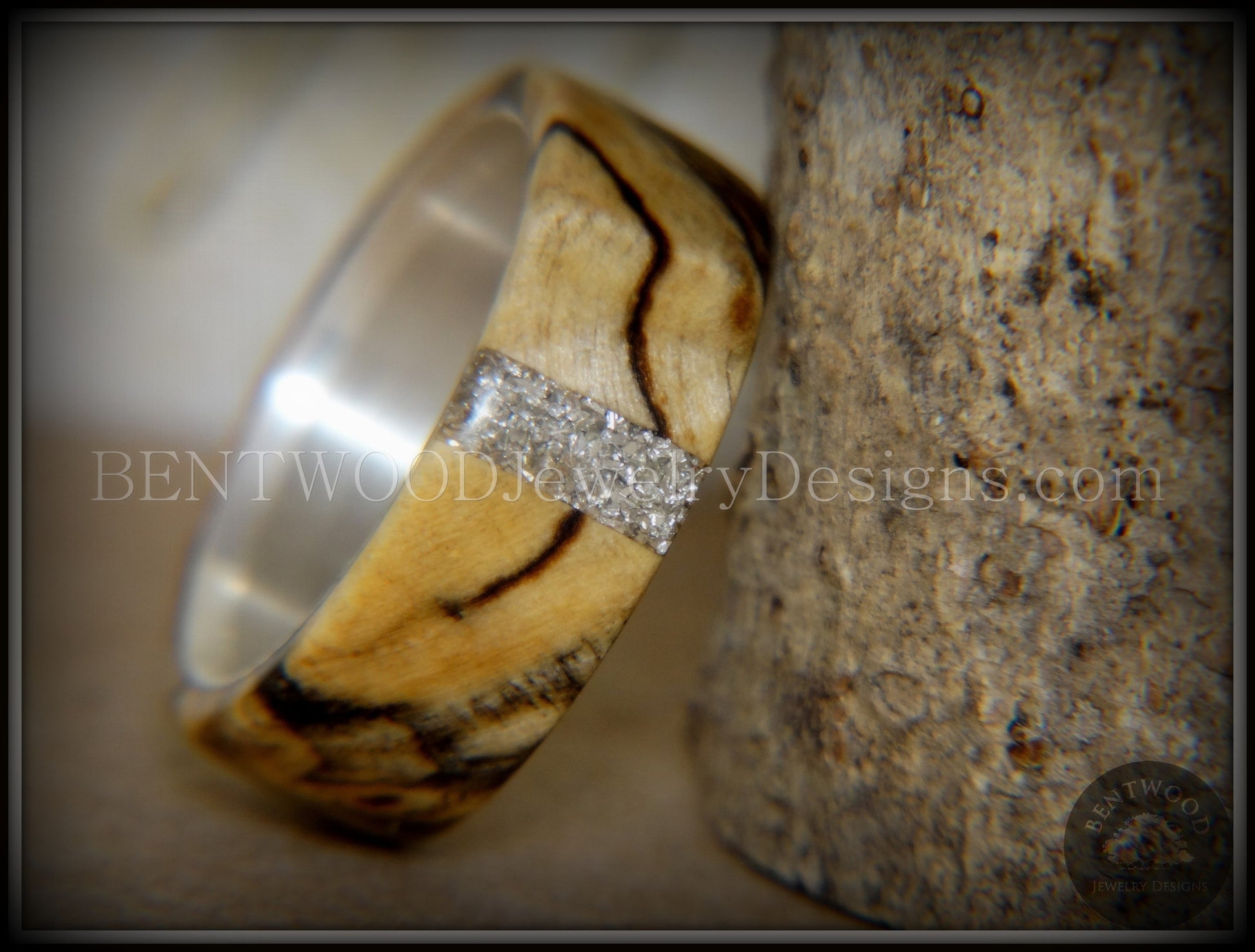 Bentwood Ring - Spalted Maple Ring on Fine Silver Core and Transverse Silver Glass Inlay handcrafted bentwood wooden rings wood wedding ring engagement