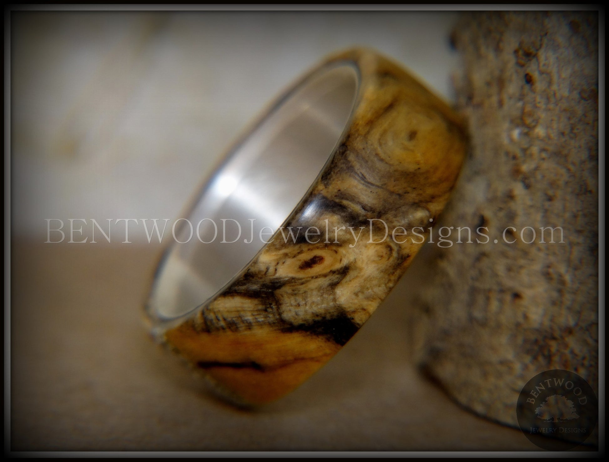 Bentwood Ring - Spalted Maple Ring on Fine Silver Core and Transverse Silver Glass Inlay handcrafted bentwood wooden rings wood wedding ring engagement