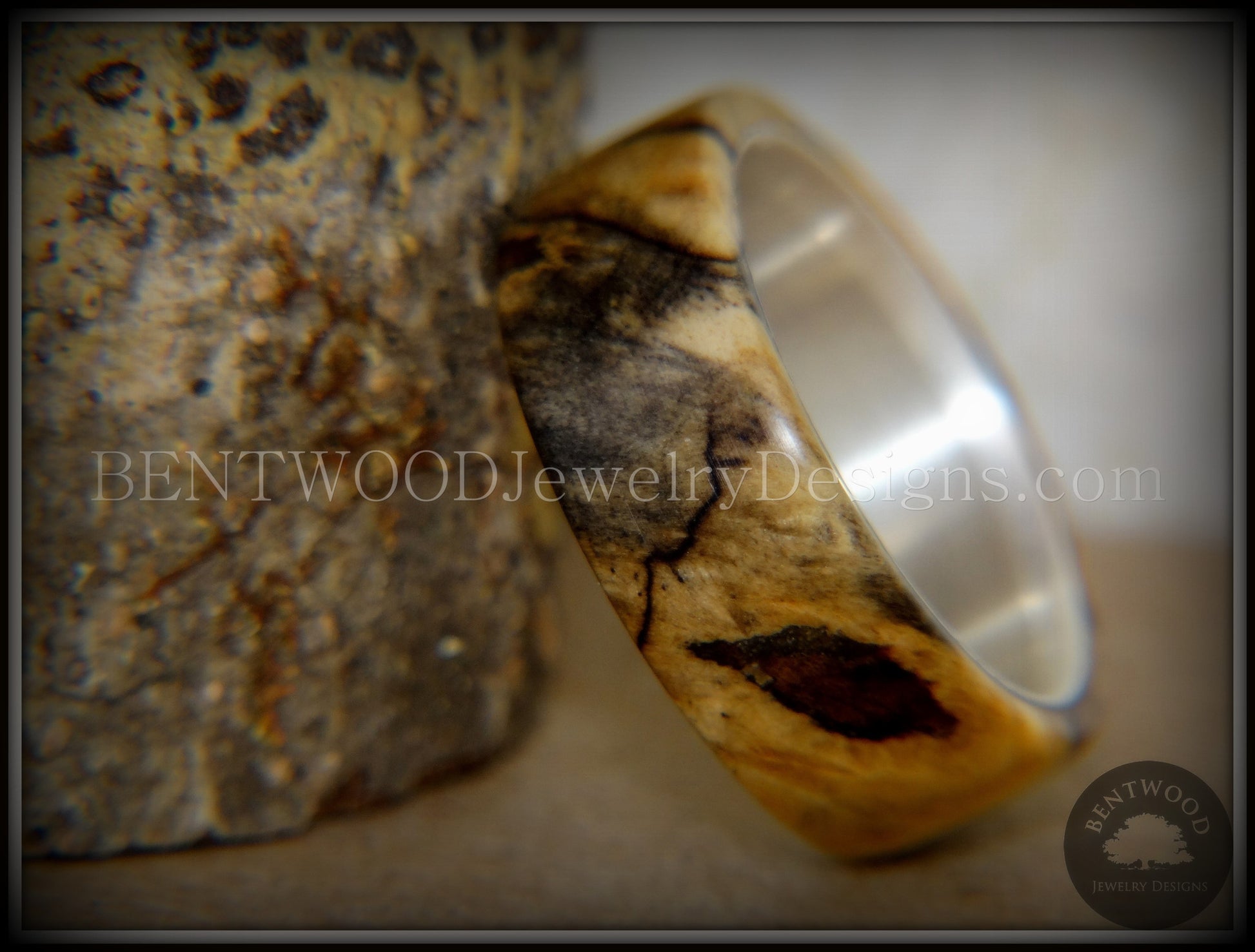 Bentwood Ring - Spalted Maple Ring on Fine Silver Core and Transverse Silver Glass Inlay handcrafted bentwood wooden rings wood wedding ring engagement