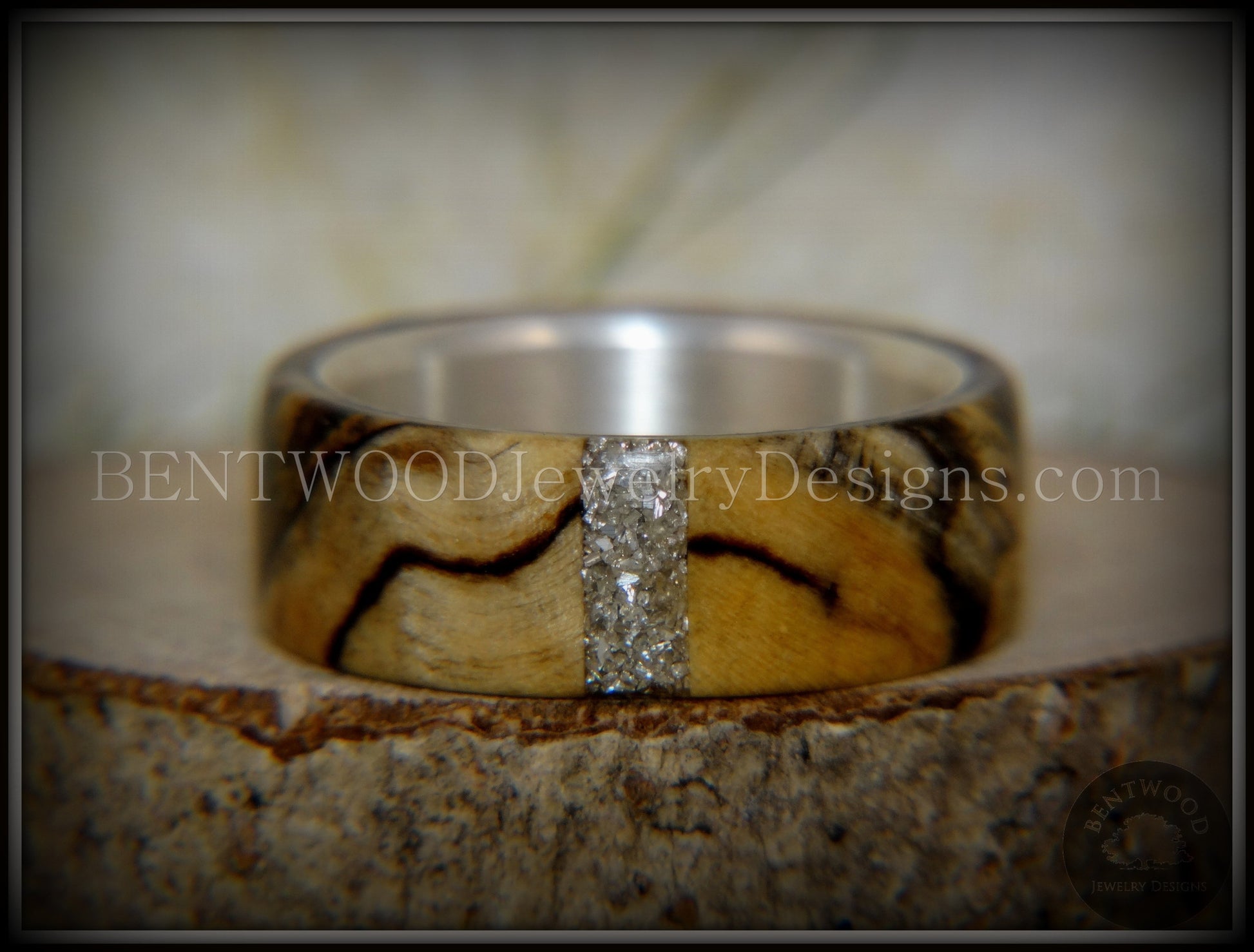 Bentwood Ring - Spalted Maple Ring on Fine Silver Core and Transverse Silver Glass Inlay handcrafted bentwood wooden rings wood wedding ring engagement